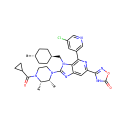 C[C@H]1[C@@H](C)N(c2nc3cc(-c4noc(=O)[nH]4)nc(-c4cncc(Cl)c4)c3n2C[C@H]2CC[C@H](C)CC2)CCN1C(=O)C1CC1 ZINC000261143901