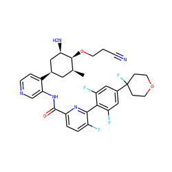 C[C@H]1C[C@@H](c2ccncc2NC(=O)c2ccc(F)c(-c3c(F)cc(C4(F)CCOCC4)cc3F)n2)C[C@@H](N)[C@H]1OCCC#N ZINC000149317027