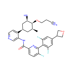 C[C@H]1C[C@@H](c2ccncc2NC(=O)c2ccc(F)c(-c3c(F)cc(C4COC4)cc3F)n2)C[C@@H](N)[C@H]1OCCC#N ZINC000261166250