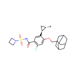 C[C@H]1C[C@@H]1c1cc(C(=O)NS(=O)(=O)N2CCC2)c(F)cc1OCC12CC3CC(CC(C3)C1)C2 ZINC000261116341