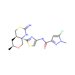 C[C@H]1C[C@H]2CSC(=N)N[C@@]2(c2nc(NC(=O)c3cc(Cl)n(C)n3)cs2)CO1 ZINC001772651929