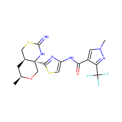C[C@H]1C[C@H]2CSC(=N)N[C@@]2(c2nc(NC(=O)c3cn(C)nc3C(F)(F)F)cs2)CO1 ZINC001772613800