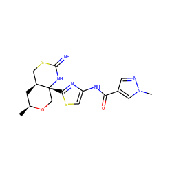 C[C@H]1C[C@H]2CSC(=N)N[C@]2(c2nc(NC(=O)c3cnn(C)c3)cs2)CO1 ZINC001772644868