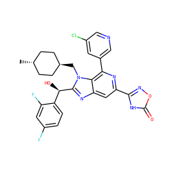 C[C@H]1CC[C@H](Cn2c([C@H](O)c3ccc(F)cc3F)nc3cc(-c4noc(=O)[nH]4)nc(-c4cncc(Cl)c4)c32)CC1 ZINC000261125688