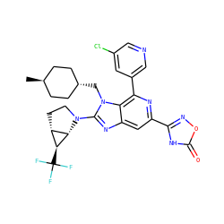 C[C@H]1CC[C@H](Cn2c(N3CC[C@@H]4[C@H]3[C@H]4C(F)(F)F)nc3cc(-c4noc(=O)[nH]4)nc(-c4cncc(Cl)c4)c32)CC1 ZINC000261131204