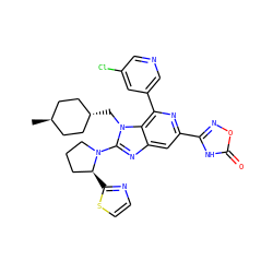 C[C@H]1CC[C@H](Cn2c(N3CCC[C@@H]3c3nccs3)nc3cc(-c4noc(=O)[nH]4)nc(-c4cncc(Cl)c4)c32)CC1 ZINC000261161861