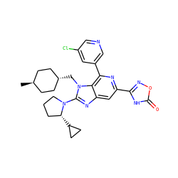 C[C@H]1CC[C@H](Cn2c(N3CCC[C@H]3C3CC3)nc3cc(-c4noc(=O)[nH]4)nc(-c4cncc(Cl)c4)c32)CC1 ZINC000261093242