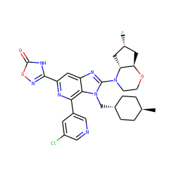 C[C@H]1CC[C@H](Cn2c(N3CCO[C@@H]4C[C@@H](F)C[C@H]43)nc3cc(-c4noc(=O)[nH]4)nc(-c4cncc(Cl)c4)c32)CC1 ZINC000261183753
