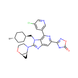 C[C@H]1CC[C@H](Cn2c(N3CCO[C@@H]4C[C@@H]43)nc3cc(-c4noc(=O)[nH]4)nc(-c4cncc(Cl)c4)c32)CC1 ZINC000261104001