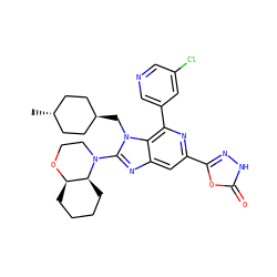 C[C@H]1CC[C@H](Cn2c(N3CCO[C@@H]4CCCC[C@@H]43)nc3cc(-c4n[nH]c(=O)o4)nc(-c4cncc(Cl)c4)c32)CC1 ZINC000261141599