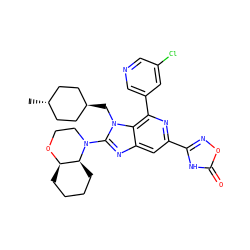 C[C@H]1CC[C@H](Cn2c(N3CCO[C@@H]4CCCC[C@@H]43)nc3cc(-c4noc(=O)[nH]4)nc(-c4cncc(Cl)c4)c32)CC1 ZINC000261172403