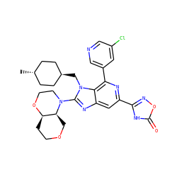 C[C@H]1CC[C@H](Cn2c(N3CCO[C@@H]4CCOC[C@@H]43)nc3cc(-c4noc(=O)[nH]4)nc(-c4cncc(Cl)c4)c32)CC1 ZINC000261167817