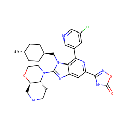 C[C@H]1CC[C@H](Cn2c(N3CCO[C@@H]4CNCC[C@H]43)nc3cc(-c4noc(=O)[nH]4)nc(-c4cncc(Cl)c4)c32)CC1 ZINC000261192948