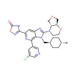 C[C@H]1CC[C@H](Cn2c(N3CCO[C@@H]4COC[C@H]43)nc3cc(-c4noc(=O)[nH]4)nc(-c4cncc(Cl)c4)c32)CC1 ZINC000261166402