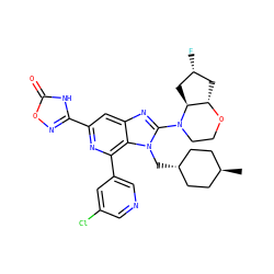 C[C@H]1CC[C@H](Cn2c(N3CCO[C@H]4C[C@@H](F)C[C@@H]43)nc3cc(-c4noc(=O)[nH]4)nc(-c4cncc(Cl)c4)c32)CC1 ZINC001772652169