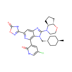 C[C@H]1CC[C@H](Cn2c(N3CCO[C@H]4CCC[C@@H]43)nc3cc(-c4noc(=O)[nH]4)nc(-c4cc(Cl)c[nH]c4=O)c32)CC1 ZINC001772607480