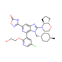 C[C@H]1CC[C@H](Cn2c(N3CCO[C@H]4CCC[C@@H]43)nc3cc(-c4noc(=O)[nH]4)nc(-c4cc(Cl)cnc4OCCO)c32)CC1 ZINC001772636581
