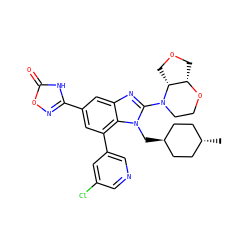 C[C@H]1CC[C@H](Cn2c(N3CCO[C@H]4COC[C@H]43)nc3cc(-c4noc(=O)[nH]4)cc(-c4cncc(Cl)c4)c32)CC1 ZINC000261121340