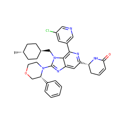 C[C@H]1CC[C@H](Cn2c(N3CCOC[C@H]3c3ccccc3)nc3cc([C@H]4CC=CC(=O)N4)nc(-c4cncc(Cl)c4)c32)CC1 ZINC000261189014