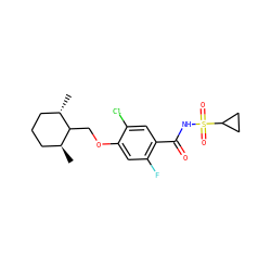 C[C@H]1CCC[C@H](C)C1COc1cc(F)c(C(=O)NS(=O)(=O)C2CC2)cc1Cl ZINC000207165122
