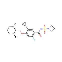 C[C@H]1CCC[C@H](C)C1COc1cc(F)c(C(=O)NS(=O)(=O)N2CCC2)cc1C1CC1 ZINC000207165415