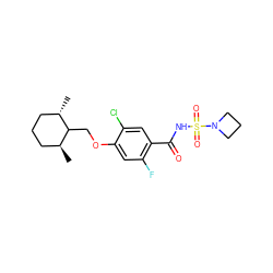 C[C@H]1CCC[C@H](C)C1COc1cc(F)c(C(=O)NS(=O)(=O)N2CCC2)cc1Cl ZINC000207165268