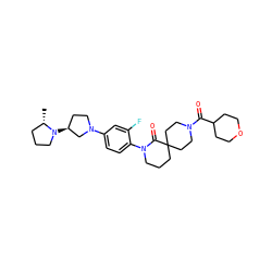 C[C@H]1CCCN1[C@H]1CCN(c2ccc(N3CCCC4(CCN(C(=O)C5CCOCC5)CC4)C3=O)c(F)c2)C1 ZINC000140605043