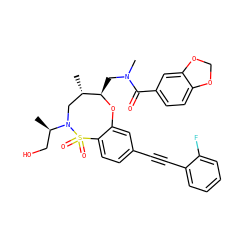 C[C@H]1CN([C@H](C)CO)S(=O)(=O)c2ccc(C#Cc3ccccc3F)cc2O[C@@H]1CN(C)C(=O)c1ccc2c(c1)OCO2 ZINC000095604922