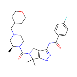 C[C@H]1CN(CC2CCOCC2)CCN1C(=O)N1Cc2c(NC(=O)c3ccc(F)cc3)n[nH]c2C1(C)C ZINC000149327014