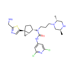 C[C@H]1CN(CCCN(C(=O)Nc2cc(Cl)nc(Cl)c2)[C@H]2CC[C@@]3(c4cnc(CN)s4)C[C@@H]23)[C@H](C)CN1 ZINC000028825150