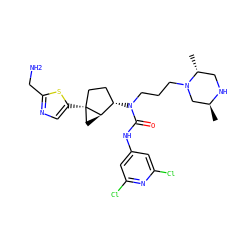 C[C@H]1CN(CCCN(C(=O)Nc2cc(Cl)nc(Cl)c2)[C@H]2CC[C@]3(c4cnc(CN)s4)C[C@H]23)[C@H](C)CN1 ZINC000028825151