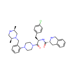 C[C@H]1CN(Cc2ccccc2N2CCN(C(=O)[C@@H](Cc3ccc(Cl)cc3)NC(=O)[C@H]3Cc4ccccc4CN3)CC2)[C@@H](C)CN1 ZINC000028373958