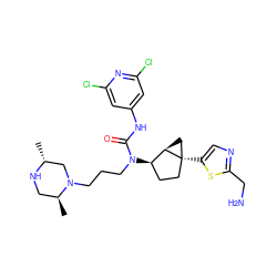 C[C@H]1CN[C@H](C)CN1CCCN(C(=O)Nc1cc(Cl)nc(Cl)c1)[C@@H]1CC[C@]2(c3cnc(CN)s3)C[C@H]12 ZINC000028825143