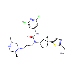C[C@H]1CN[C@H](C)CN1CCCN(C(=O)Nc1cc(Cl)nc(Cl)c1)[C@H]1CC[C@@]2(c3cnc(CN)s3)C[C@@H]12 ZINC000028825148