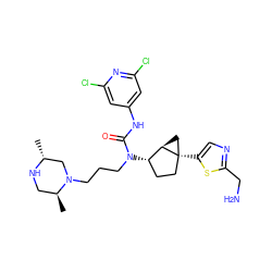 C[C@H]1CN[C@H](C)CN1CCCN(C(=O)Nc1cc(Cl)nc(Cl)c1)[C@H]1CC[C@]2(c3cnc(CN)s3)C[C@H]12 ZINC000028825149
