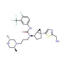 C[C@H]1CN[C@H](C)CN1CCCN(C(=O)Nc1ccc(F)c(C(F)(F)F)c1)[C@@H]1CC[C@]2(c3cnc(CN)s3)C[C@H]12 ZINC000028825141