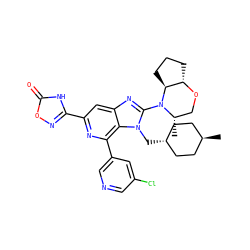 C[C@H]1CO[C@H]2CCC[C@@H]2N1c1nc2cc(-c3noc(=O)[nH]3)nc(-c3cncc(Cl)c3)c2n1C[C@H]1CC[C@H](C)CC1 ZINC001772644912
