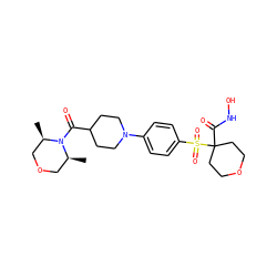 C[C@H]1COC[C@@H](C)N1C(=O)C1CCN(c2ccc(S(=O)(=O)C3(C(=O)NO)CCOCC3)cc2)CC1 ZINC000049036411