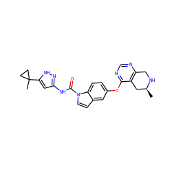 C[C@H]1Cc2c(ncnc2Oc2ccc3c(ccn3C(=O)Nc3cc(C4(C)CC4)[nH]n3)c2)CN1 ZINC000147841493