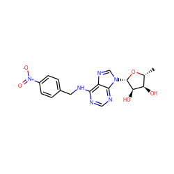 C[C@H]1O[C@@H](n2cnc3c(NCc4ccc([N+](=O)[O-])cc4)ncnc32)[C@H](O)[C@@H]1O ZINC000029058914
