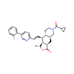 C[C@H]1OC(=O)[C@@H]2C[C@@H]3CN(C(=O)C4CC4)CC[C@H]3[C@H](/C=C/c3ccc(-c4ccccc4F)cn3)[C@H]12 ZINC000028712089