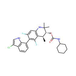C[C@H]1c2c(cc(F)c(-c3cccc4c(Cl)c[nH]c34)c2F)NC(C)(C)[C@@H]1OC(=O)NC1CCCCC1 ZINC000066074485