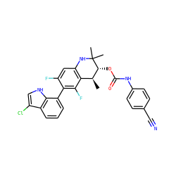 C[C@H]1c2c(cc(F)c(-c3cccc4c(Cl)c[nH]c34)c2F)NC(C)(C)[C@@H]1OC(=O)Nc1ccc(C#N)cc1 ZINC000066097596