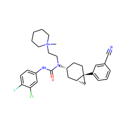 C[N+]1(CCN(C(=O)Nc2ccc(F)c(Cl)c2)[C@@H]2CC[C@]3(c4cccc(C#N)c4)C[C@@H]3C2)CCCCC1 ZINC000064261547