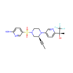 CC#C[C@H]1CN(S(=O)(=O)c2ccc(N)nc2)CCN1c1ccc([C@@](C)(O)C(F)(F)F)nc1 ZINC000169313302