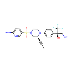 CC#C[C@H]1CN(S(=O)(=O)c2ccc(N)nc2)CCN1c1ccc([C@@](O)(CN)C(F)(F)F)cc1 ZINC000146302243
