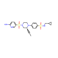 CC#C[C@H]1CN(S(=O)(=O)c2ccc(N)nc2)CCN1c1ccc(S(=O)(=O)NCC2CC2)cc1 ZINC000169313299