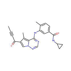 CC#CC(=O)c1cn2ncnc(Nc3cc(C(=O)NC4CC4)ccc3C)c2c1C ZINC000072177110