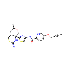 CC#CCOc1ccc(C(=O)Nc2csc([C@]34CO[C@@H](C)C[C@H]3CSC(=N)N4)n2)nc1 ZINC001772599327