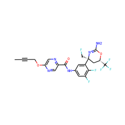 CC#CCOc1cnc(C(=O)Nc2cc(F)c(F)c([C@]3(CF)C[C@@H](C(F)(F)F)OC(N)=N3)c2)cn1 ZINC000221175636